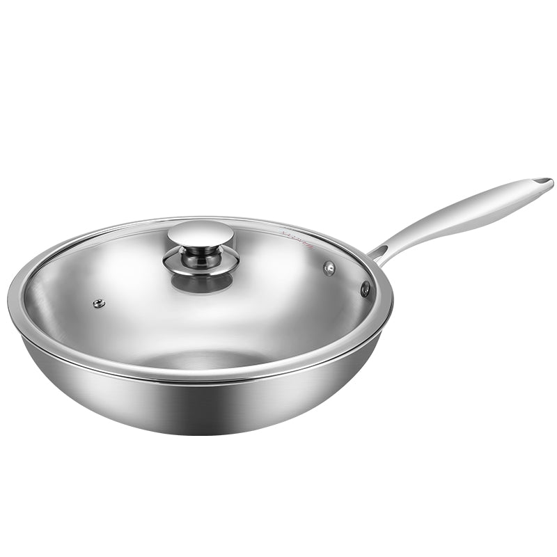 Maxcook Poêle wok tri-ply en acier inoxydable 304, 28 cm, ustensile de cuisson en acier inoxydable à 3 couches avec couvercle en verre pour la cuisine quotidienne MCC7911