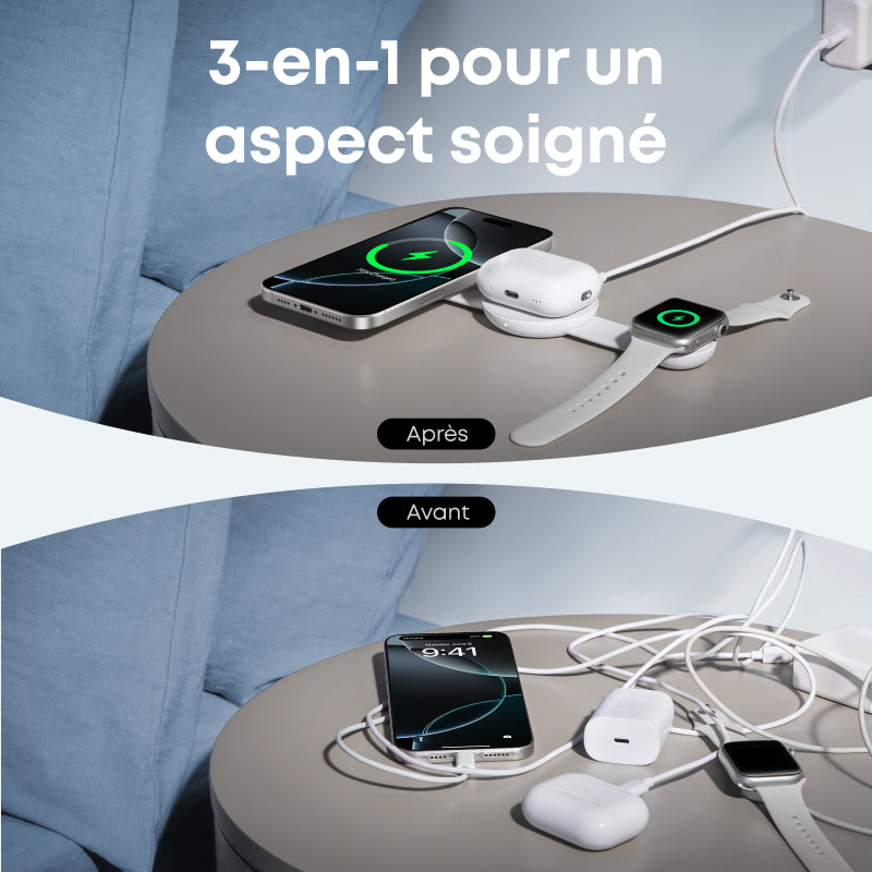 Anker MagGo station de charge sans fil 3 en 1, compatible MagSafe, certifiée Qi2 15W, chargeur de voyage pliable, pour iPhone 17/16/15/14, AirPods, Apple Watch (chargeur USB-C inclus)