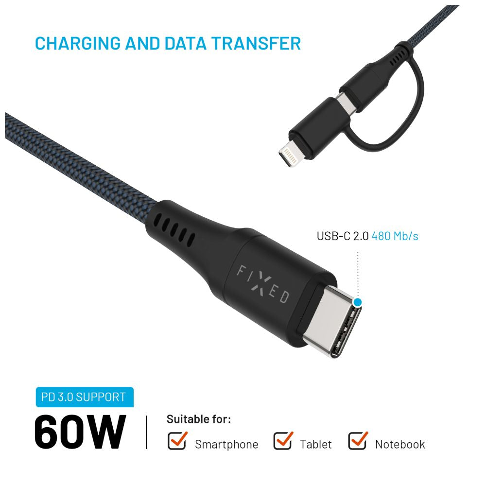 FIXED Câble USB-C vers USB-C tressé avec adaptateur Lightning, 3 m, Certifié MFi, Charge Rapide PD 60W, Gris