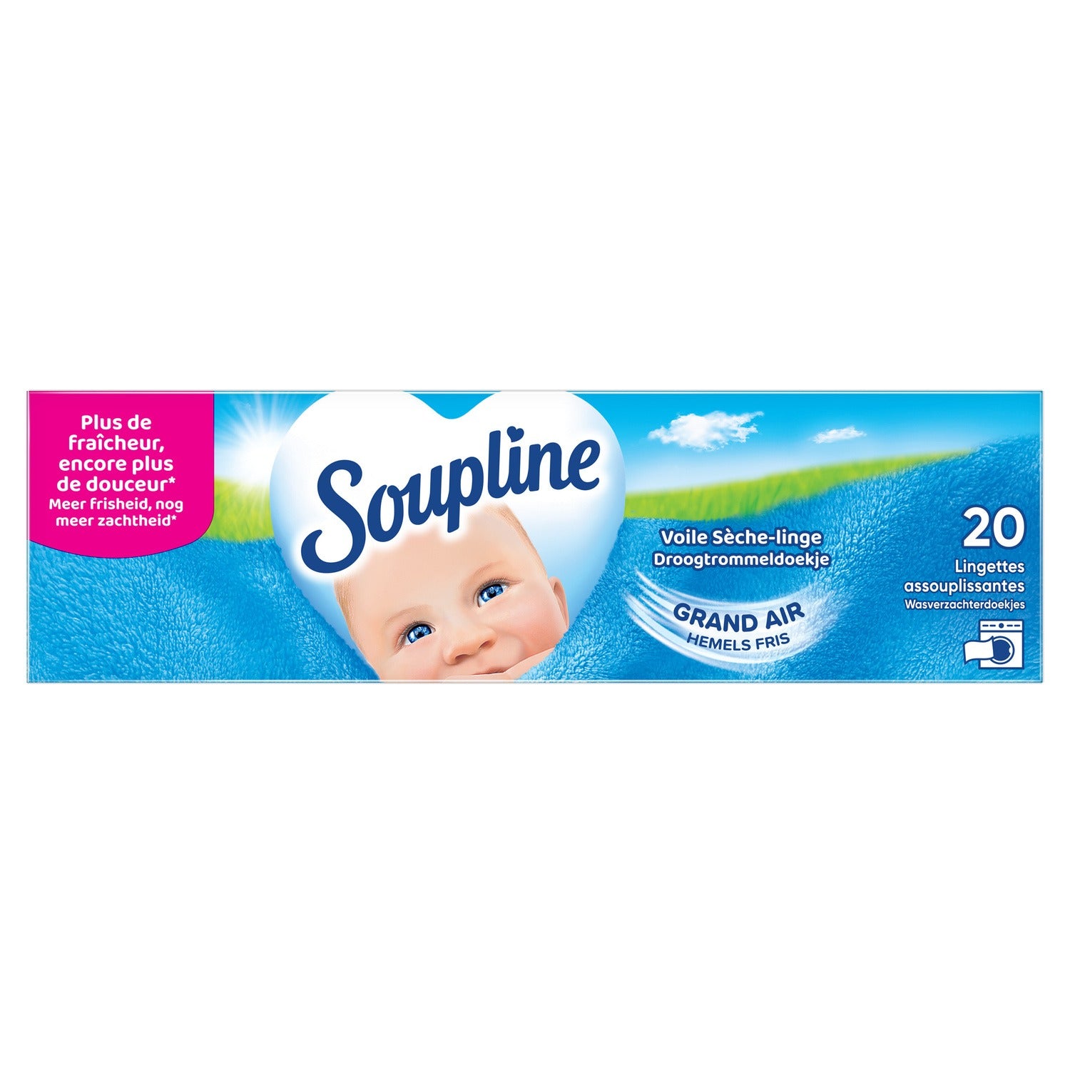 SOUPLINE Feuilles pour sèche-linge, Parfum Grand Air, Antistatique, Peaux sensibles, 20 feuilles
