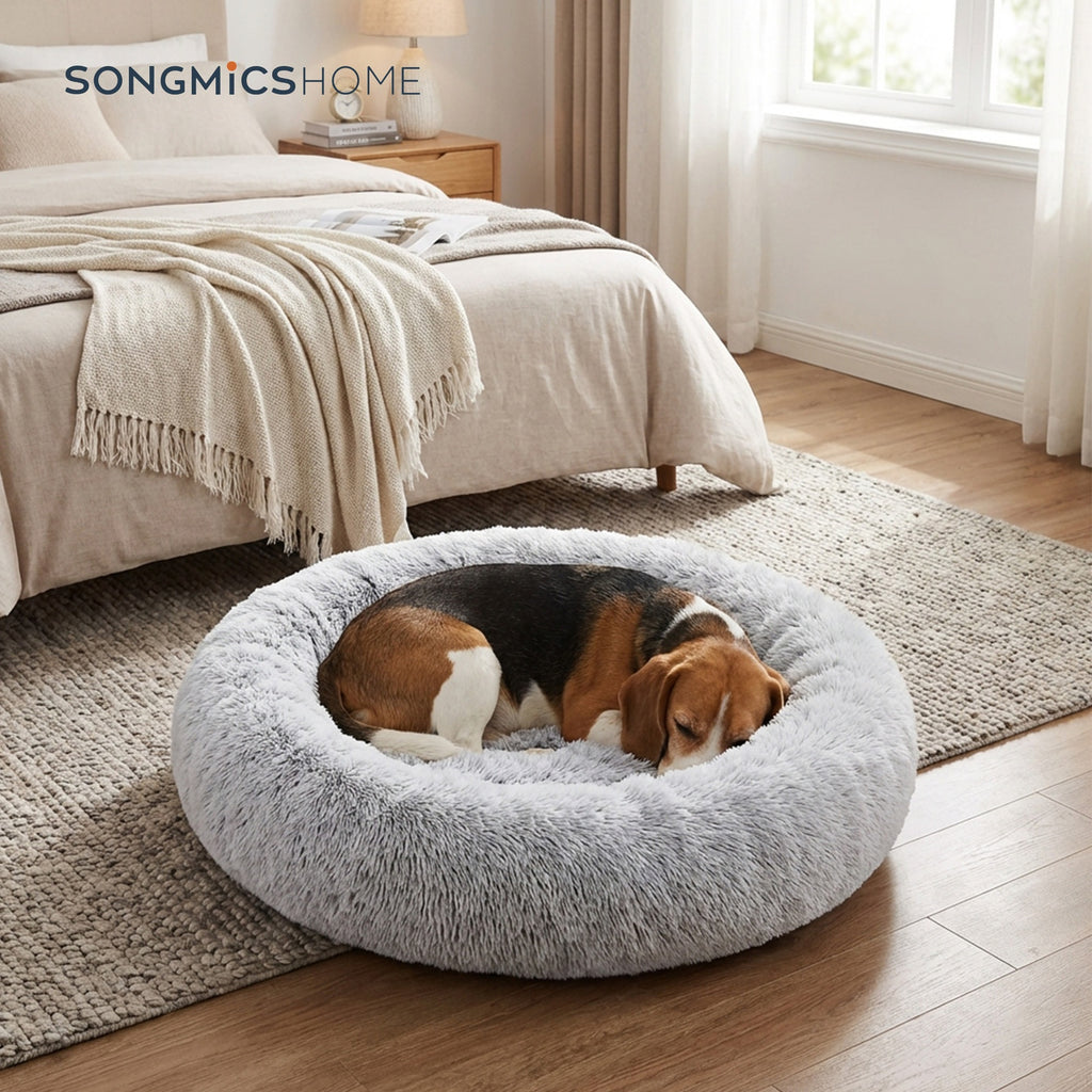 JOYFURNOS Lit pour chien en forme de beignet moelleux apaisant avec housse amovible lavable, 80 cm, gris