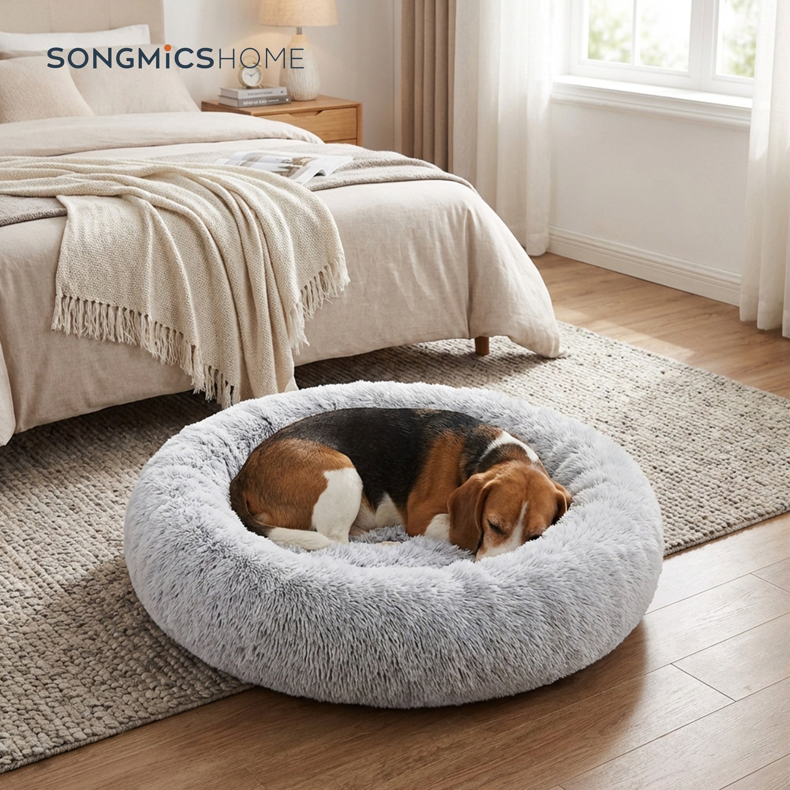 JOYFURNOS Lit pour chien en forme de beignet moelleux apaisant avec housse amovible lavable, 80 cm, gris