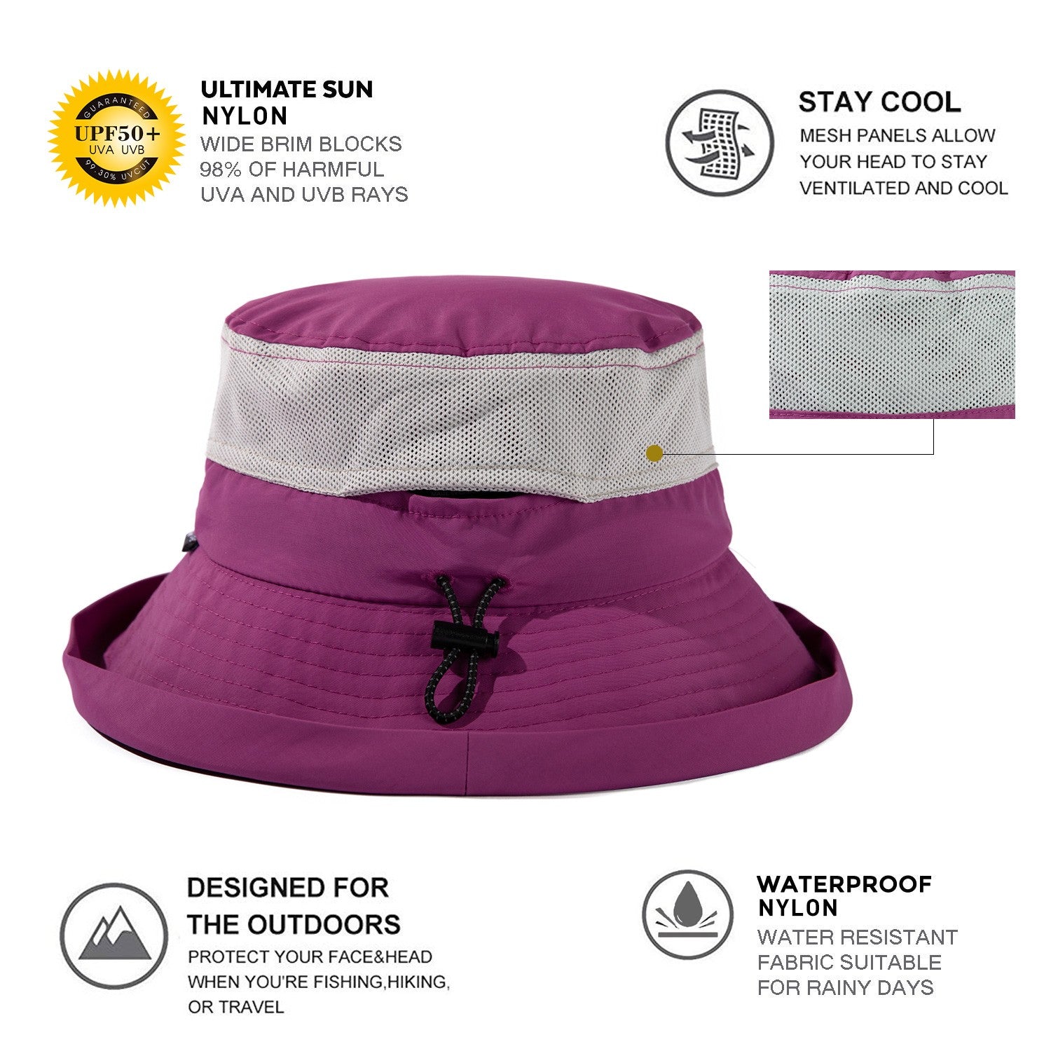 TOP-EX Chapeau de soleil bob femme à large bord avec ouverture pour queue de cheval Été pliable pour voyage plage extérieur Violet