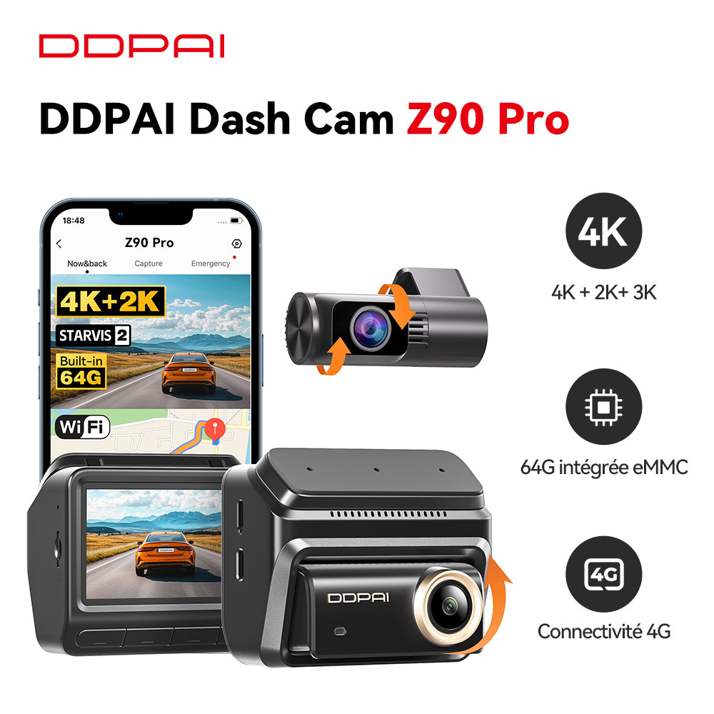 DDPAI Nouveau Z90Pro Dashcam double canal 4K + 2K Sony STARVIS 2 IMX678 HDR DVR automobile ADAS Commande vocale Mode parking Wi-Fi intégré 64 Go eMMC