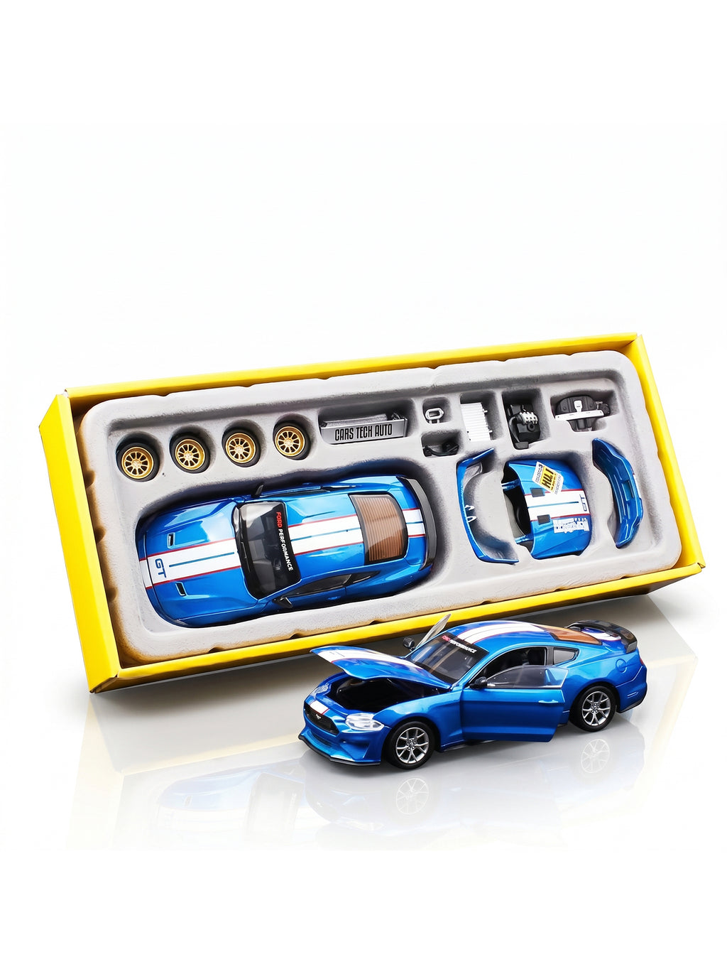 CCA Classic Blue 2018 Ford Mustang GT Voiture Miniature en Métal 1:42 - Kit DIY avec Portes Ouvertes, Intérieur Détaillé, Cadeau de Collection