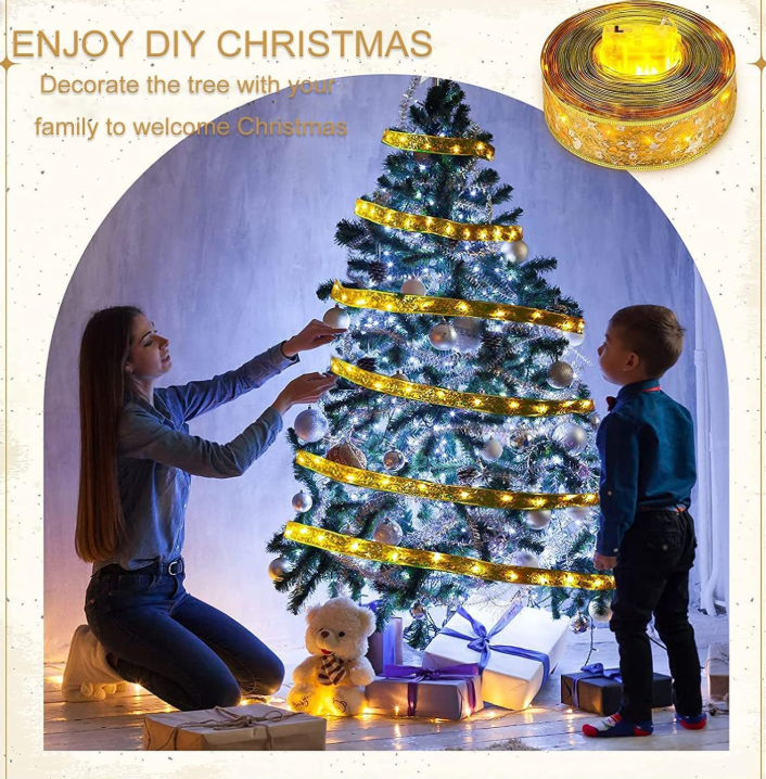 Ju7cer Guirlande lumineuse à rubans 5 m, 50 lumières, 2 paquets de piles , décoration de sapin de Noël, jaune chaud, atmosphère festive, convient pour l'intérieur et l'extérieur