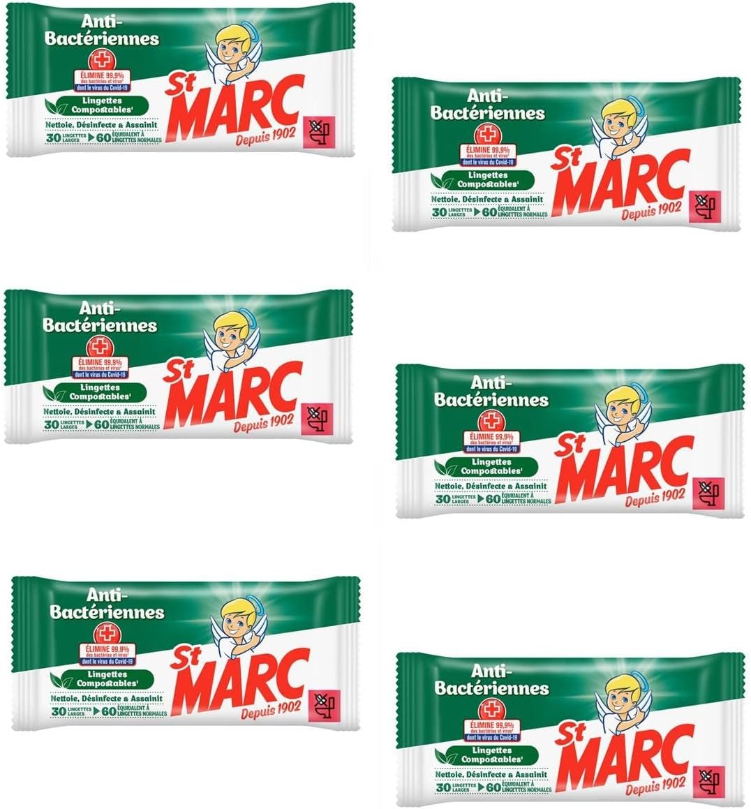 St Marc Lingettes Antibactériennes Multi-Usages, Lot de 30