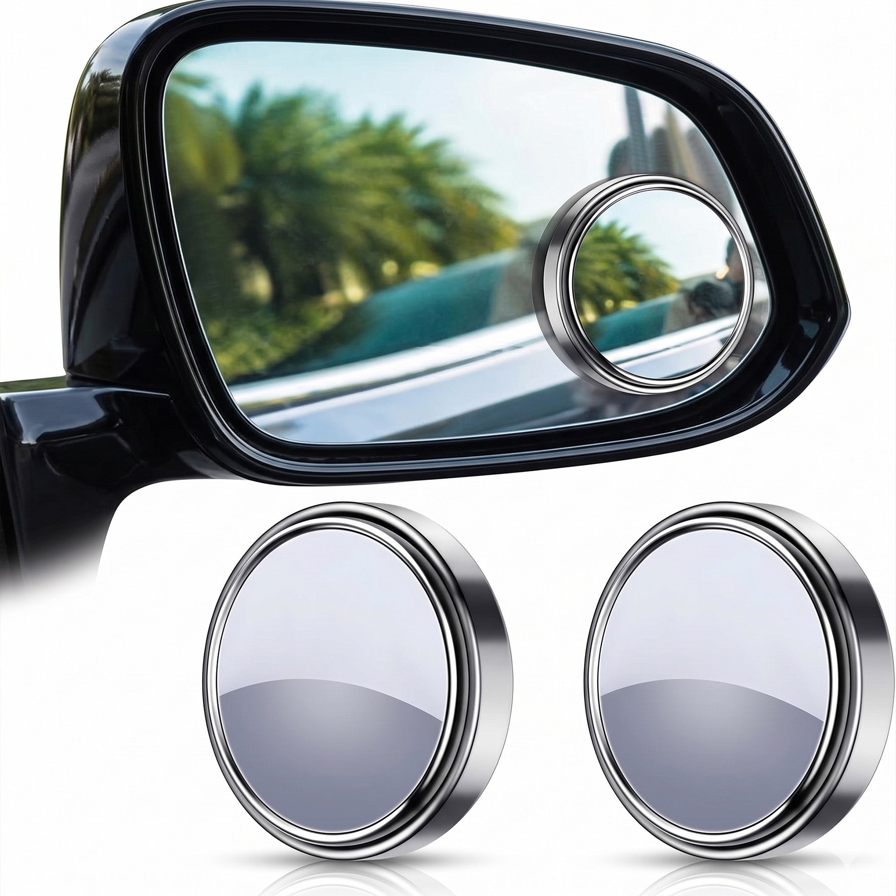 Miroir convexe HD sans cadre rond, pivotant et réglable à 360°, couleur argentée, adapté aux voitures, camions et SUV, améliore la sécurité routière, lot de 2 pièces