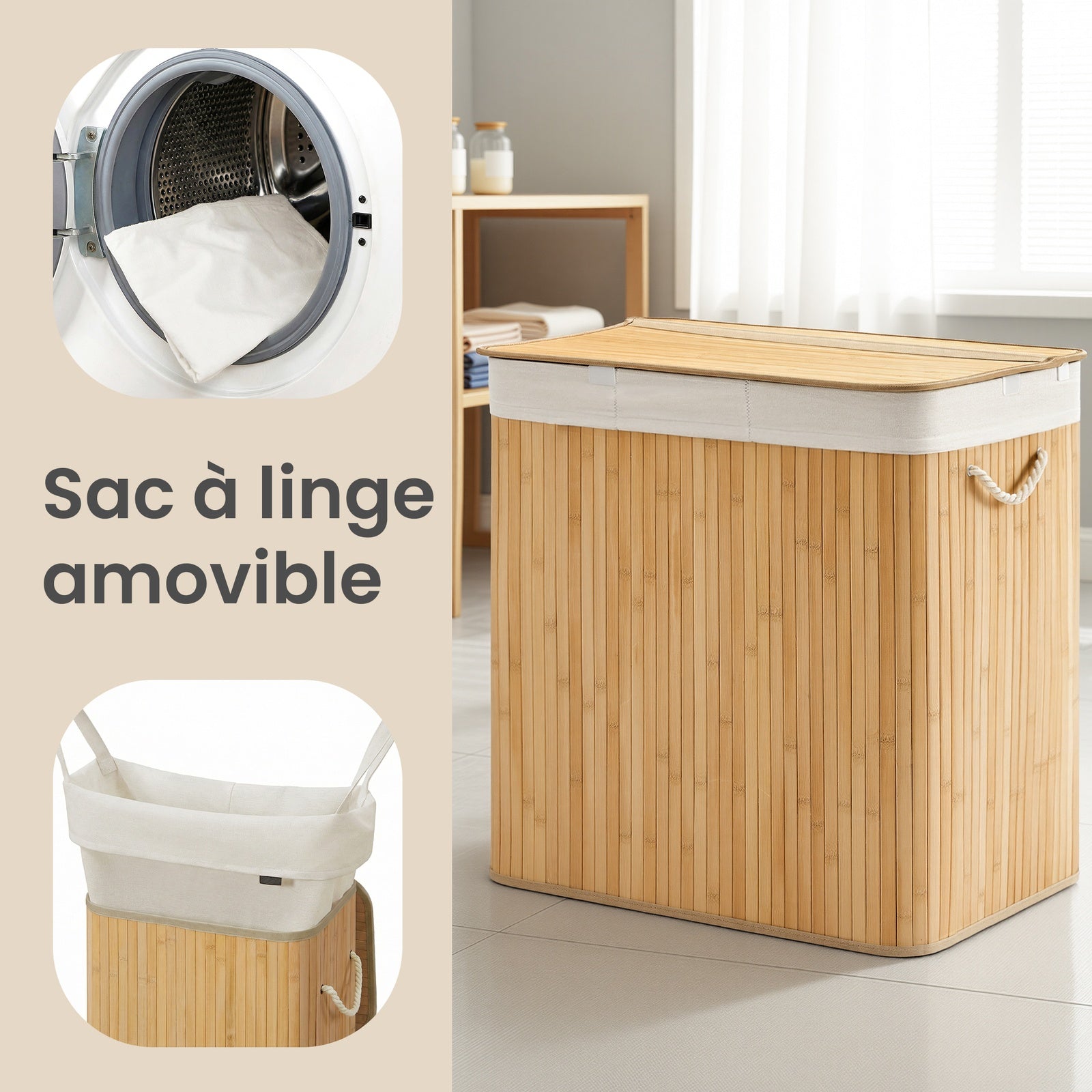 JOYFURNOS Grand Panier à Linge en Bambou, Panier à Linge Pliable à 3 Compartiments avec Couvercle, Sac Intérieur Amovible, Naturel