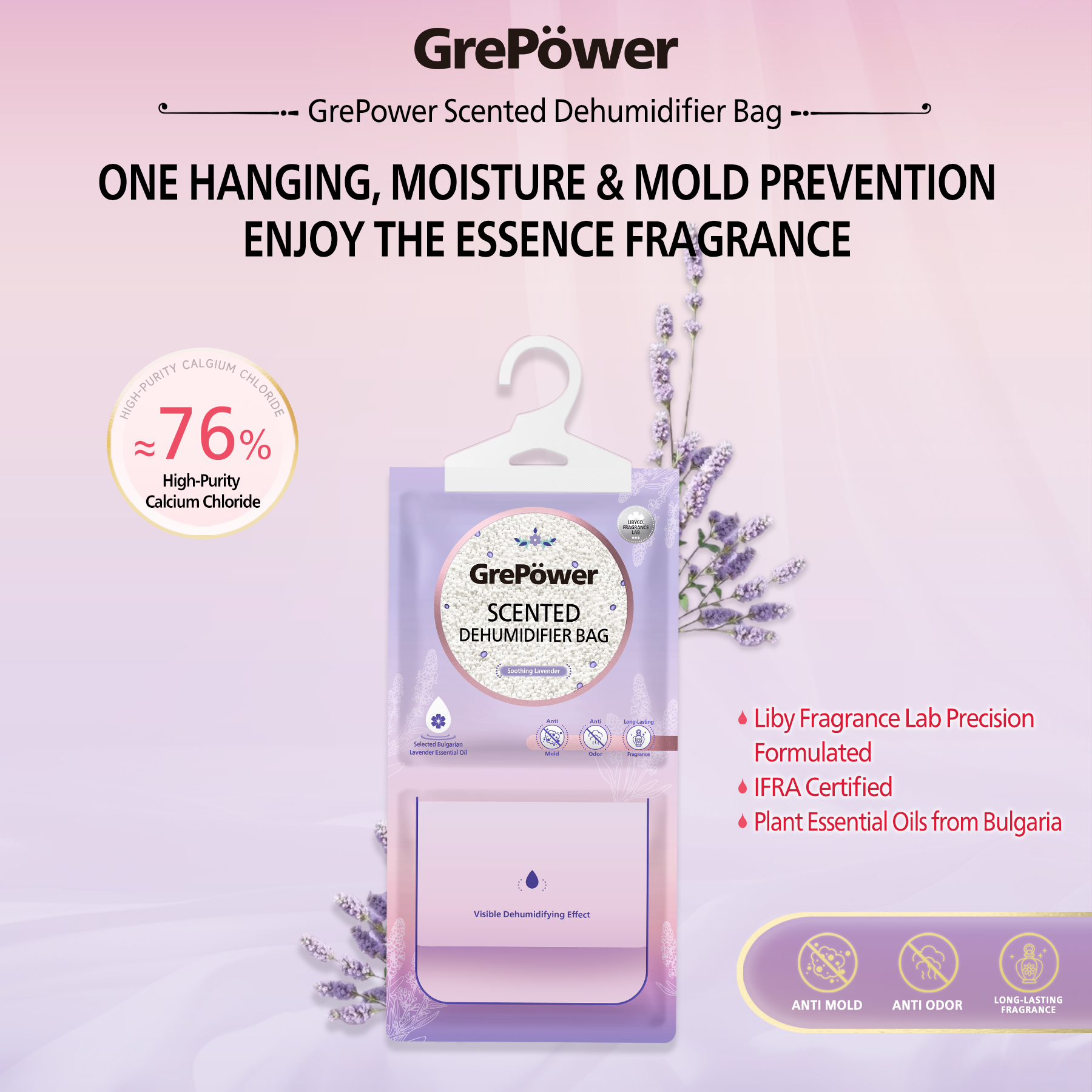 GrePower Sachets déshumidifiants à suspendre, Parfum lavande, Lot de 10, Efficaces contre l’humidité et la moisissure, Pour armoire/maison/cuisine/garage/chambre/camping-car/bureau/sous-sol
