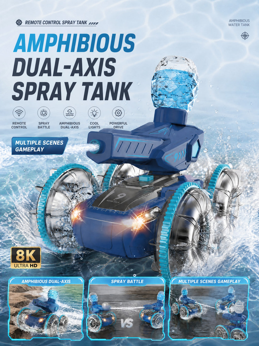 Char RC amphibie 4x4 gestuel double commande, étanche terre/eau avec jet d’eau & LED clignotantes, rotation 360° tout-terrain, jouet enfants 3+, Une Pièce en Bleu