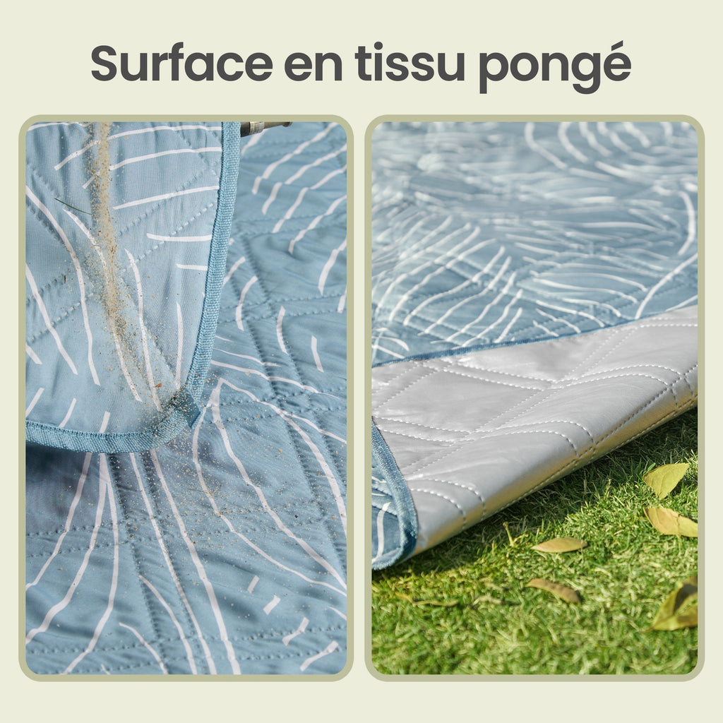 JOYFURNOS Couverture de Pique-nique, 200 x 200 cm, 4 Piquets de Sol, Hydrofuge, Lavable, Pliable, Bleu avec Motif