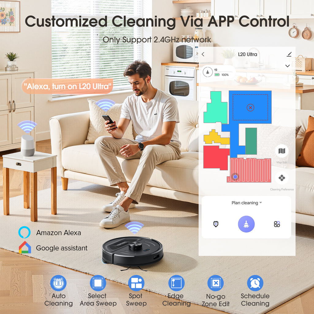 Lubluelu L20 Ultra Robot aspirateur-laveur 3-en-1, 4000 Pa, navigation laser, 5 cartes mémorisables, 55 dB silencieux, contrôle via application, pour poils d'animaux, tapis et sols durs