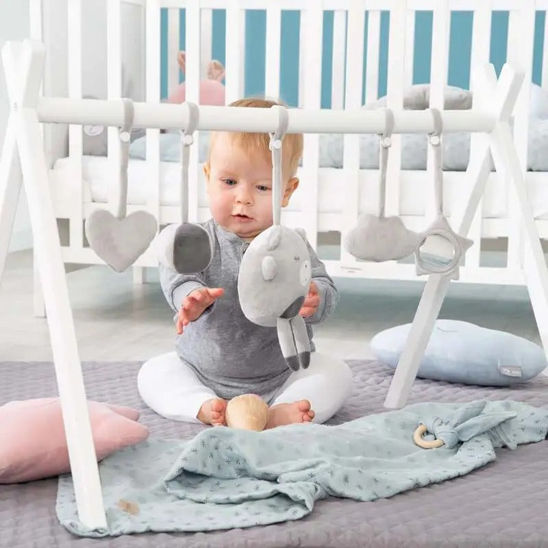 roba Montessori Arche de Jeu pour Bébé - Gym pour Bébé en Bois et Centre d'Activités, Peinte en Blanc - Triangle de Jeu pour Bébé, 3+ Mois, pour Ensembles de Jouets à Suspendre