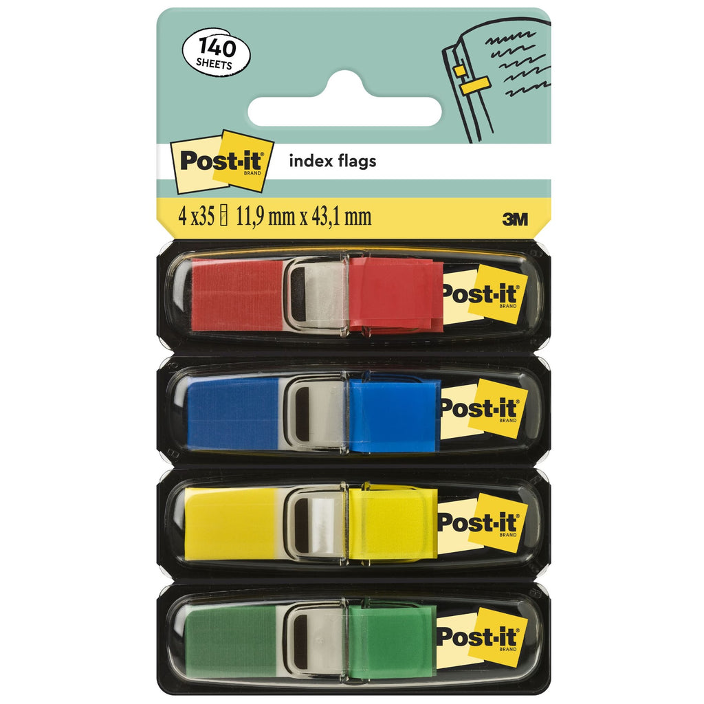 Post-it Marque-pages, petit format, jaune, rouge, bleu et vert, 11,9 mm x 43,2 mm, 35 marque-pages par distributeur, 4 distributeurs par paquet