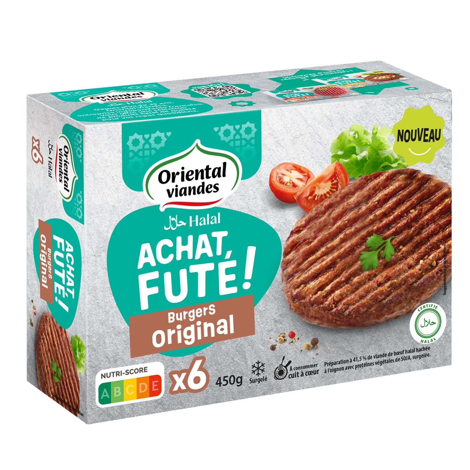 Oriental Viandes Burgers de bœuf halal Original surgelés 6 x 75 g (450 g)