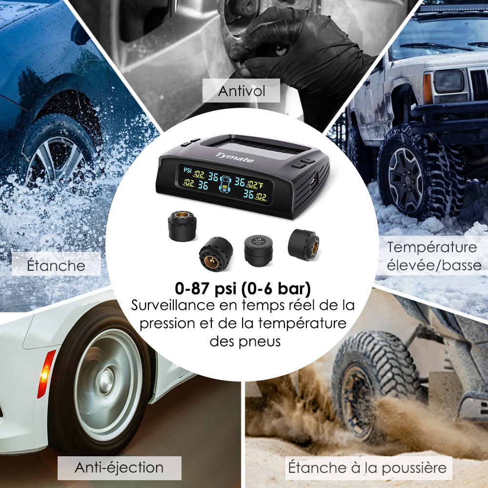 Tymate Système de surveillance de la pression des pneus pour camping-car, À énergie solaire avec 4 capteurs, 0 à 87 PSI, 6 modes d'alarme, Écran LCD couleur