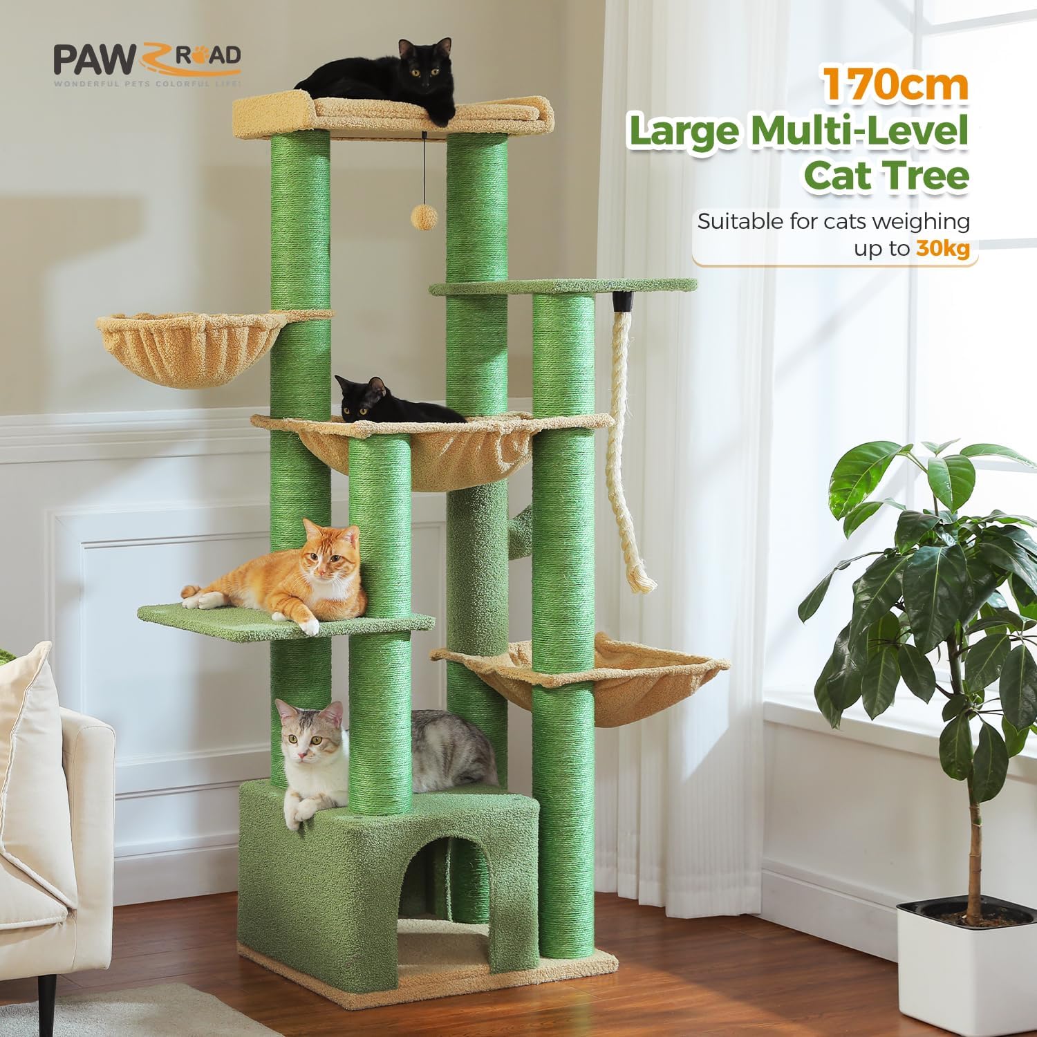 PAWZ Road Grand arbre à chat stable à plusieurs niveaux, Arbre à chat XXL avec hamac 170 cm, 13 poteaux en sisal diamètre 11 cm, Grande plateforme, Niche, Corbeilles, Vert