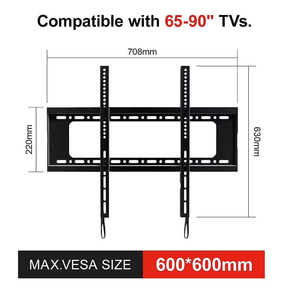 Support mural TV fixe pour téléviseurs de 65 à 90 pouces, VESA max 600 x 600 mm, supporte jusqu'à 100 kg, conception basse et peu encombrante, compatible avec les murs en béton