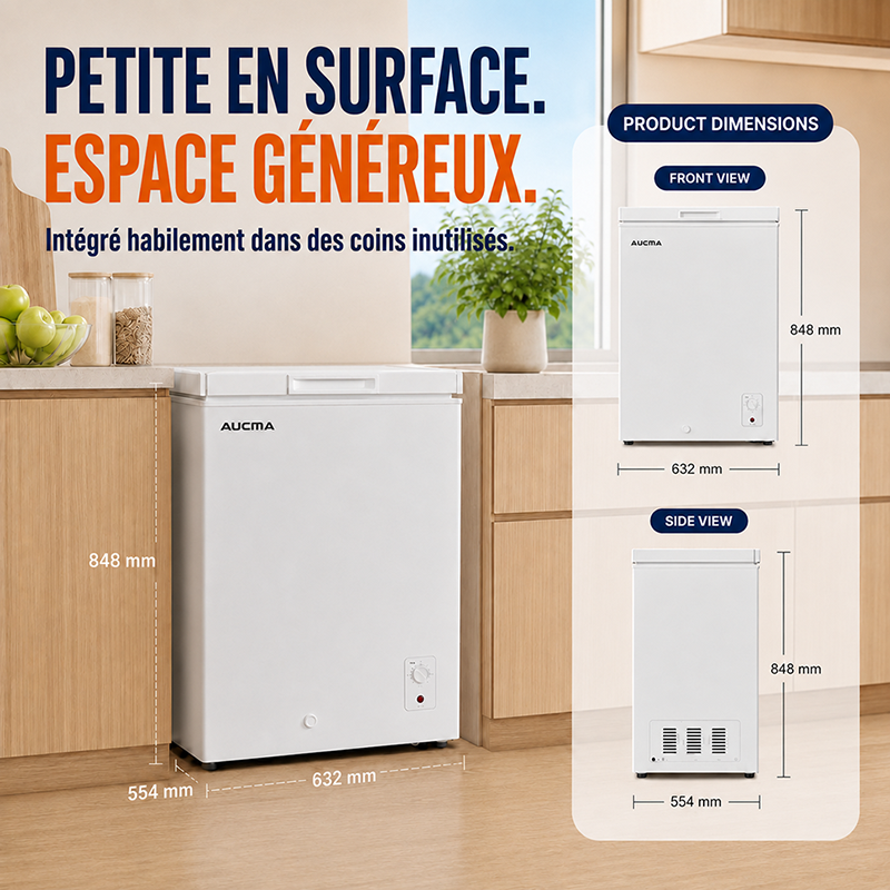 AUCMA 141 L Congélateur Coffre Convertible, Réfrigérateur & Congélateur Réversible, Mini Congélateur Profond Ouverture par le Haut, Classe Énergétique E, Fonctionnement Silencieux, Thermostat à 7 Niveaux, Panier Amovible & Tuyau de Dégivrage, Convien