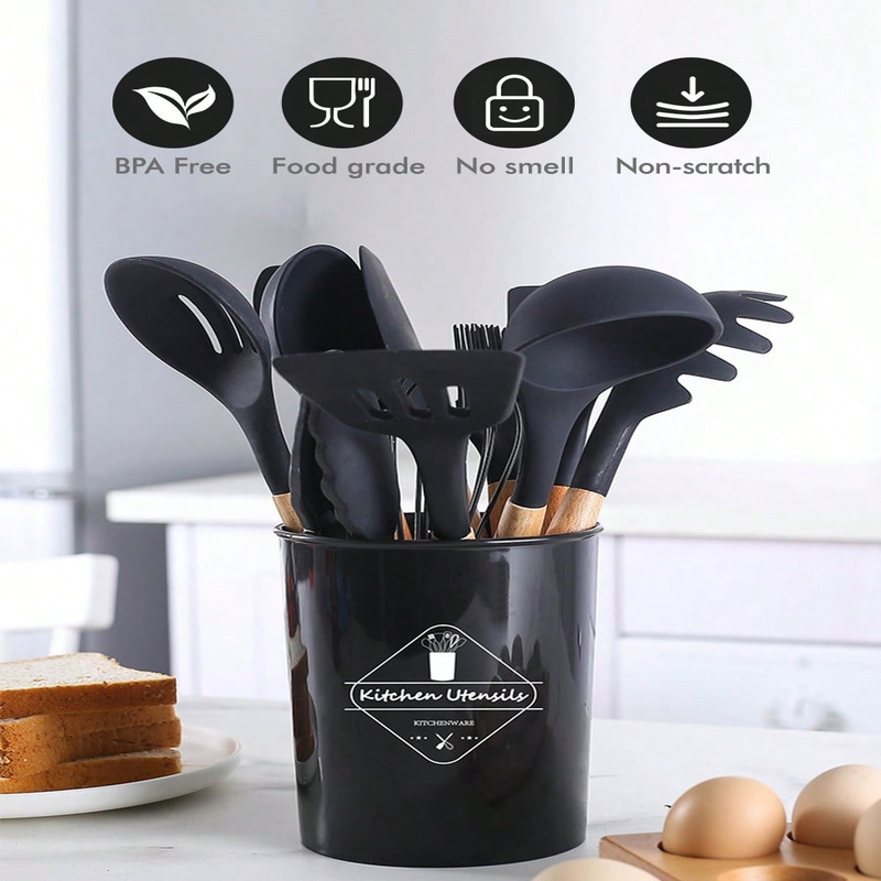 MEOKY Ensemble de 12 ustensiles de cuisine en silicone avec petit porte-objets - Noir