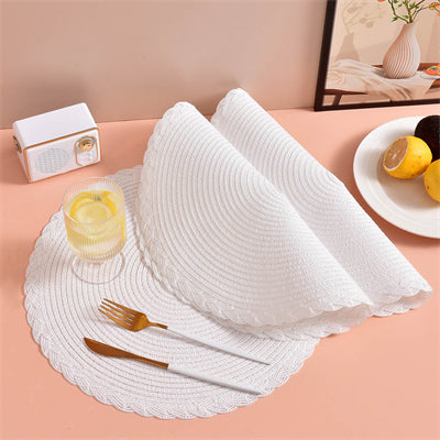 Lot de 6 Sets de table ronds tressés 38 cm, Anneau extérieur patchwork polyester à trois brins Blanc, Antidérapants, Pour maison, cuisine et table à manger, Parfaits pour fêtes