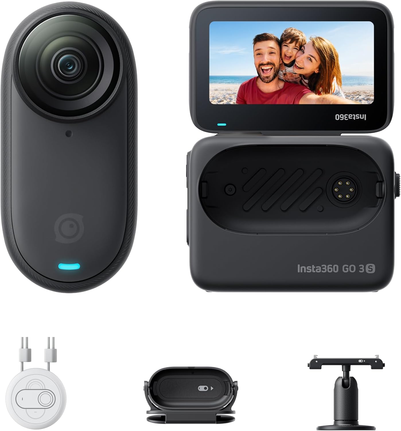Insta360 GO 3S 128 Go - Mini caméra 4K portable, prises de vue POV à main levée, fixation partout, stabilisation, autonomie de 140 minutes, étanche jusqu'à 10 m, montage par IA, Apple Find My, noir, pour vlogs, voyages et activités de plein air