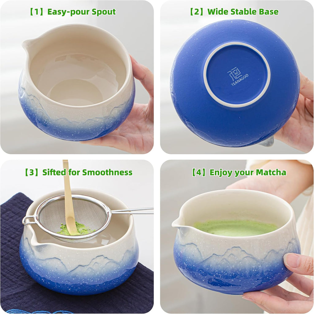 TEANAGOO Set de cérémonie du matcha bleu 7 pièces avec fouet, bol en céramique motif Fuji, cuillère doseuse et tamis pour préparer des boissons au matcha au lait, cadeau pour amateurs de matcha