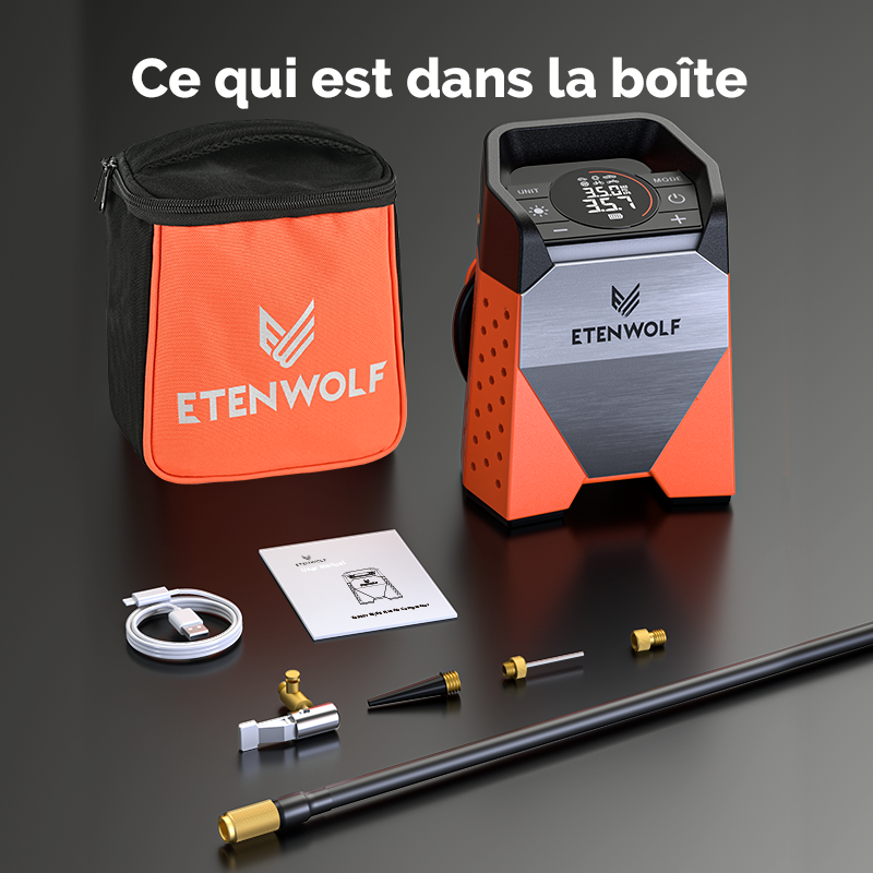 ETENWOLF ZEPHYR S3 Gonfleur de pneus portable, compresseur d'air, cycle de service à 100 %, pompe à air 160 PSI - Orange vif