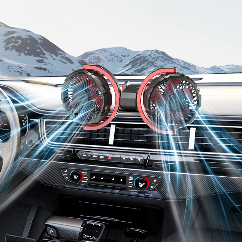 Ventilateur de voiture pliable à double tête avec 2 ports USB, alimentation allume-cigare 12 V/24 V, ventilateur de refroidissement réglable à 3 vitesses avec rotation à 360°