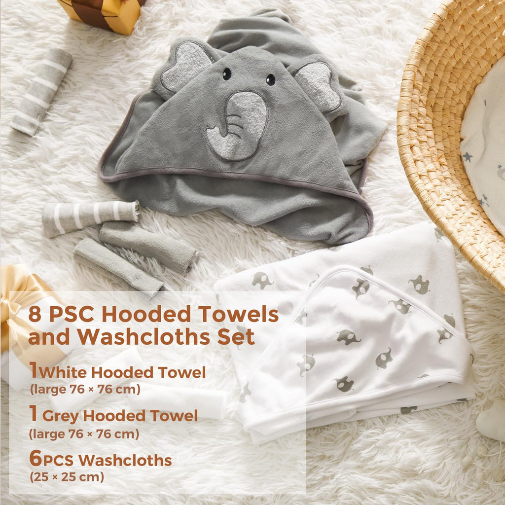 Momcozy Ensemble serviette de bain et lavettes en mélange polyester/coton M19FWXY01 (motif éléphant gris, 8 pièces)
