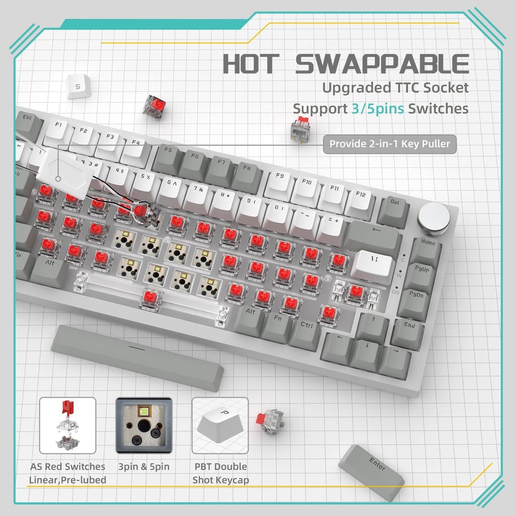 AJAZZ AK820 clavier mécanique filaire 75 %, disposition QWERTY US, assemblage sur joints, switchs linéaires remplaçables à chaud, rétroéclairage blanc, 83 touches avec molette de volume CNC, mousse Poron, capuchons de touches PBT à profil OEM, compat