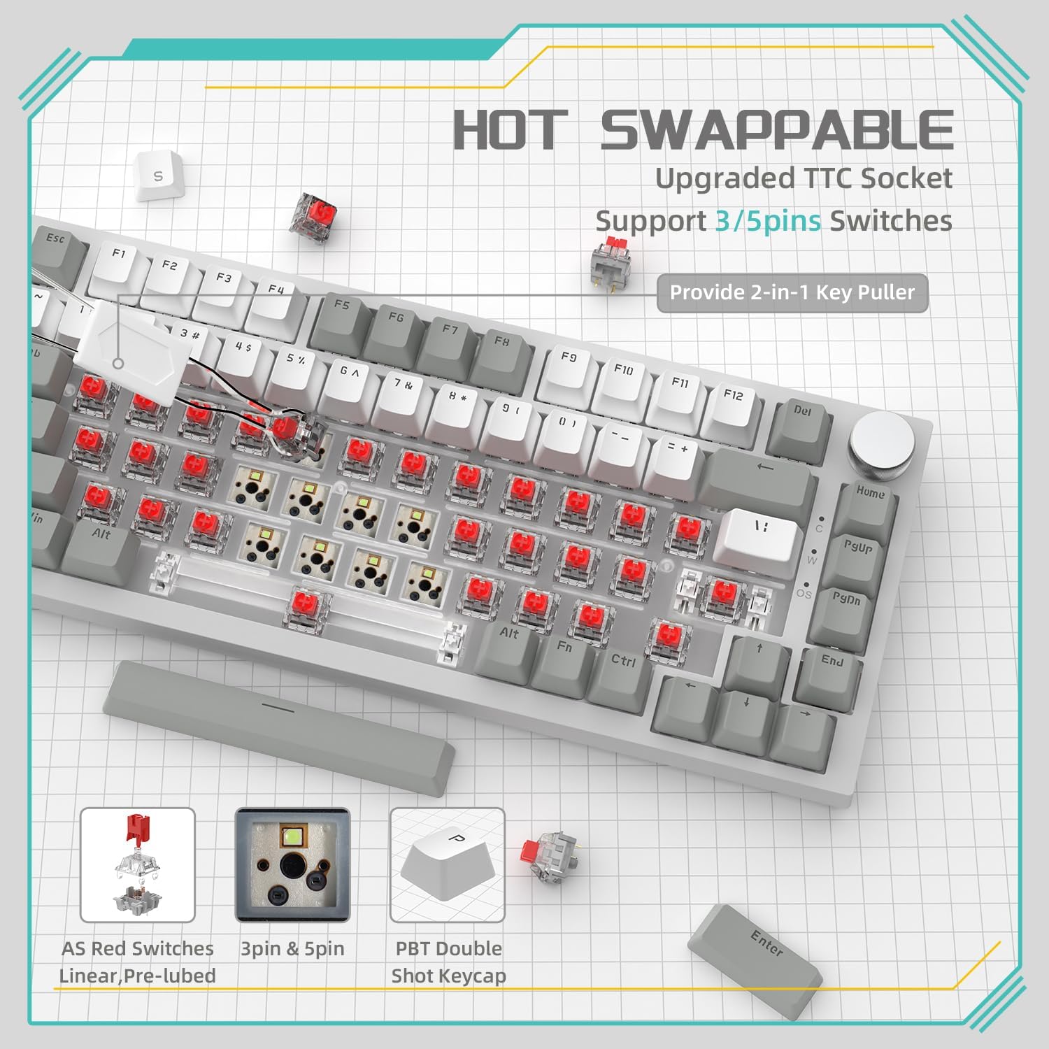 AJAZZ AK820 clavier mécanique filaire 75 %, disposition QWERTY US, assemblage sur joints, switchs linéaires remplaçables à chaud, rétroéclairage blanc, 83 touches avec molette de volume CNC, mousse Poron, capuchons de touches PBT à profil OEM, compat