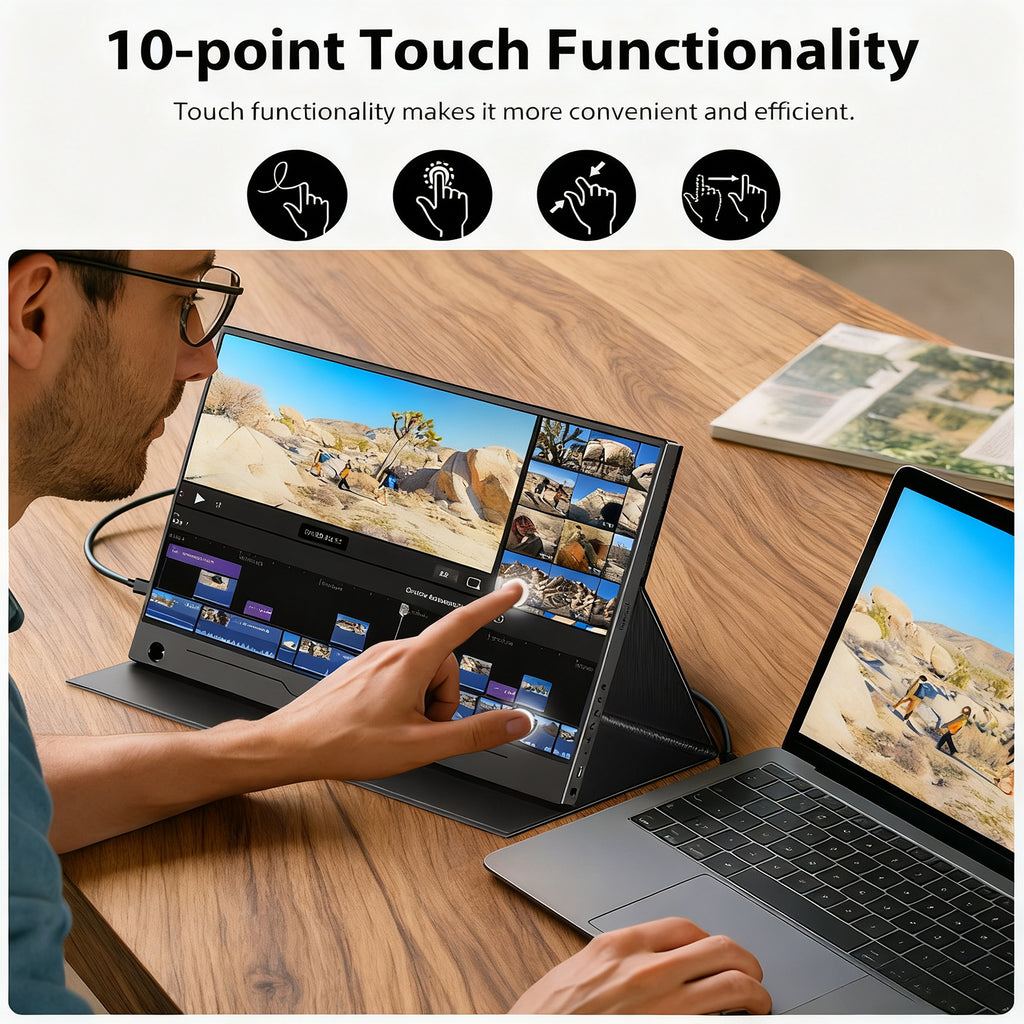UPERFECT Moniteur portable 14" 60 Hz avec écran tactile, 100 % sRGB, avec VESA et pied, réglable à 180°, ultra-fin et léger, second écran de voyage pour ordinateur portable