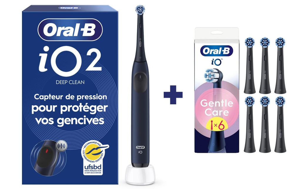 Oral-B iO2 Brosse à dents électrique bleue + têtes de brosse iO Gentle Care x6 | Pack complet de 2 ans