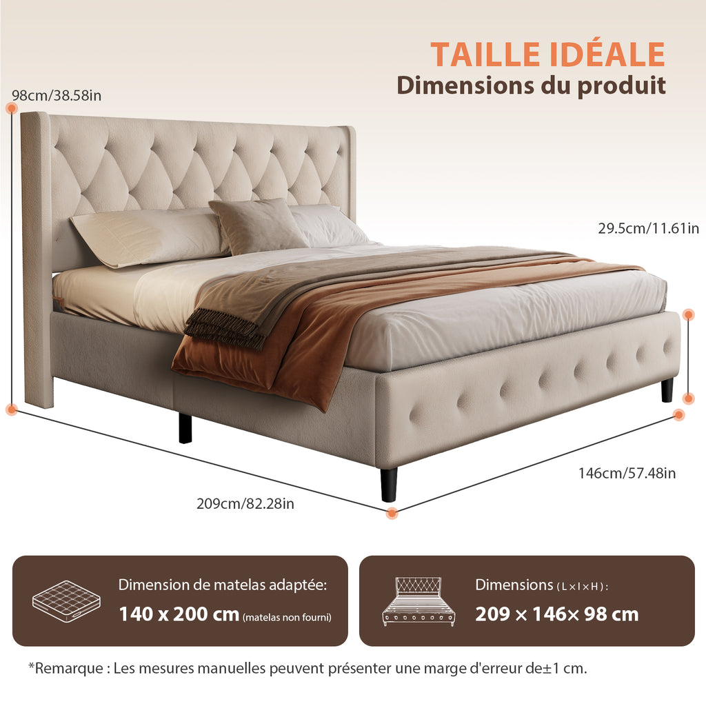 GTIMEX Lit capitonné 209x146x98 cm avec sommier à lattes, Capacité de charge statique : 390 kg, Lit double avec tête de lit capitonnée, Sommier à lattes en bois massif, Montage facile, Design moderne, Cadre robuste et tissu en velours de haute qualit