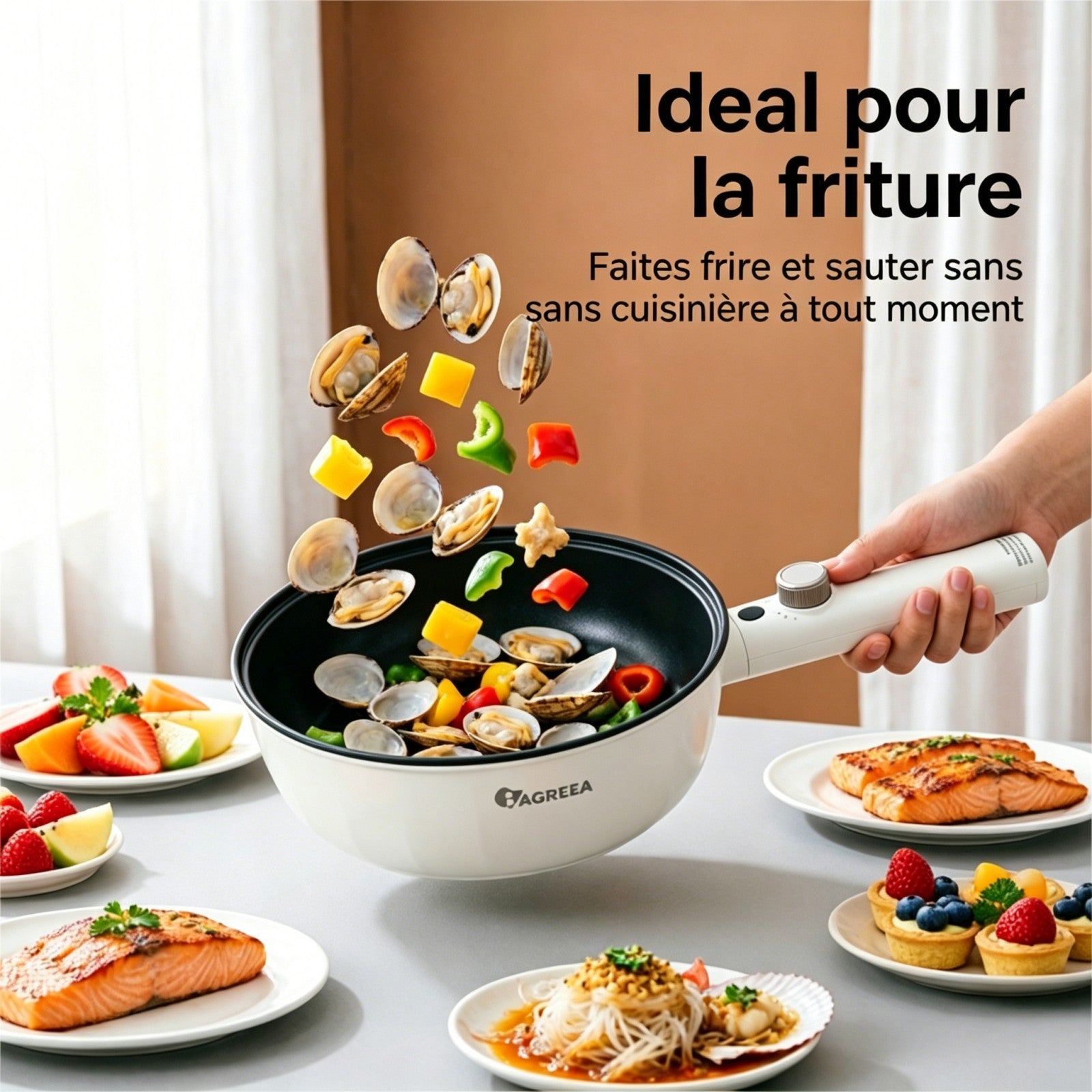 IAGREEA Cuiseur à ramen rapide amélioré, marmite électrique multifonction 2,3 L 1600 W, sauteuse antiadhésive avec réglage de puissance pour steak, œuf, riz frit, flocons d’avoine