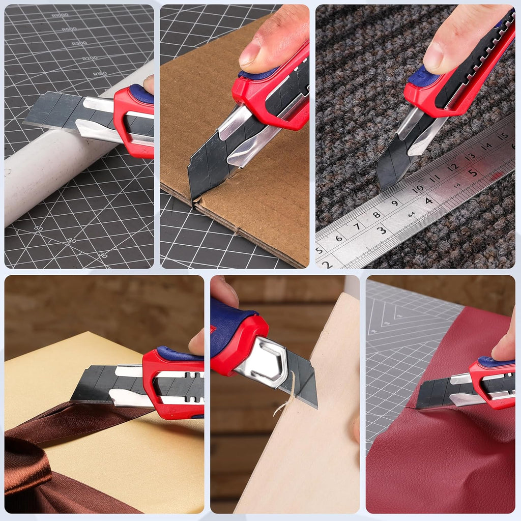 WORKPRO Lot de 3 cutters 18 mm avec 10 lames de rechange SK5, poignée en caoutchouc, lame sécable, pour carton et découpe multi-usage
