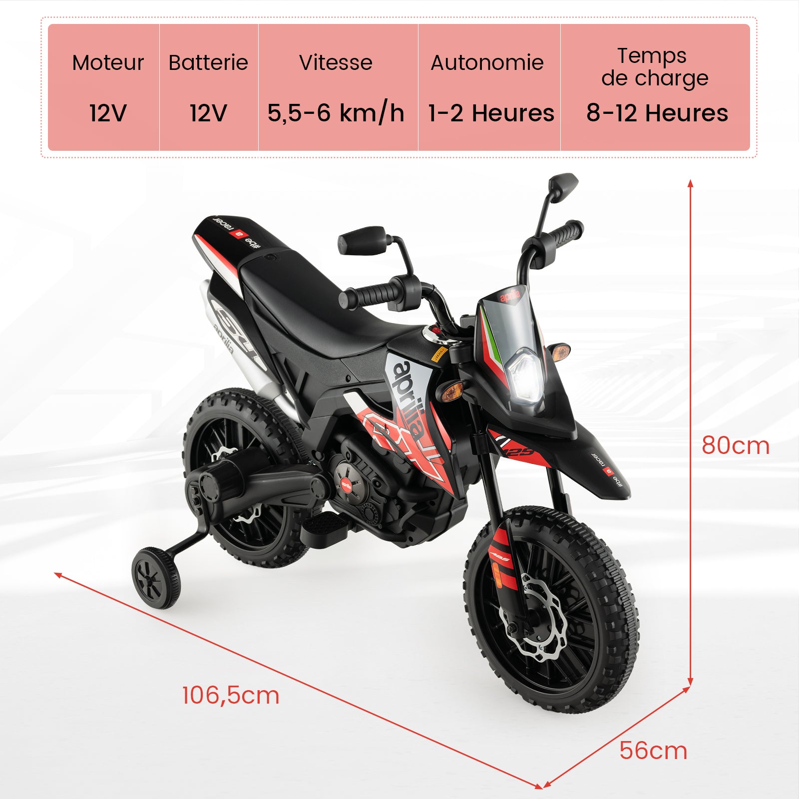 Moto électrique pour enfants 12 V avec roues d'apprentissage, modèle sous licence Aprilia, rouge