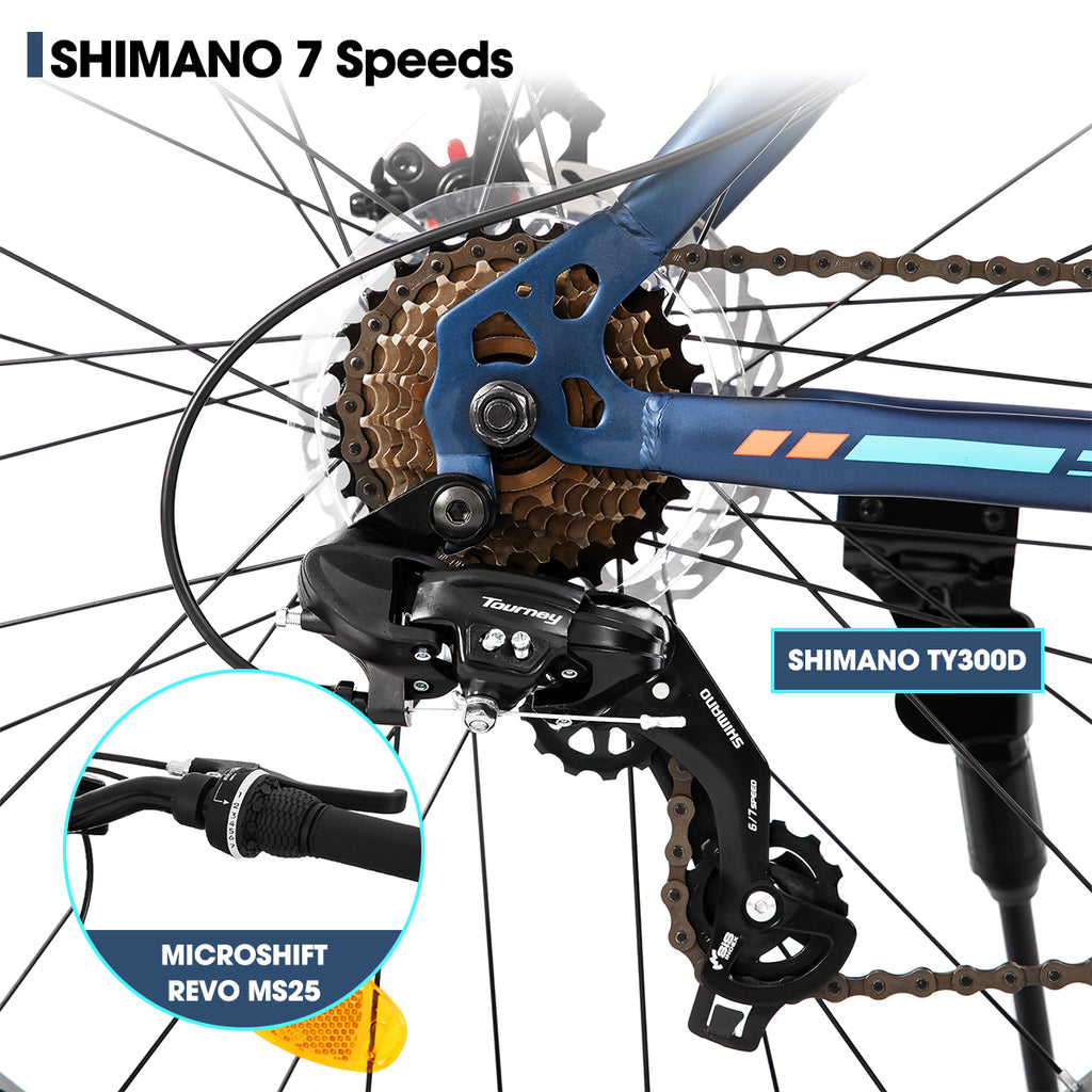 Hiland Roon VTT à pneus larges pour enfants, adolescents et adultes, standard européen, Shimano 7 vitesses, double frein à disque, bleu, 24 po