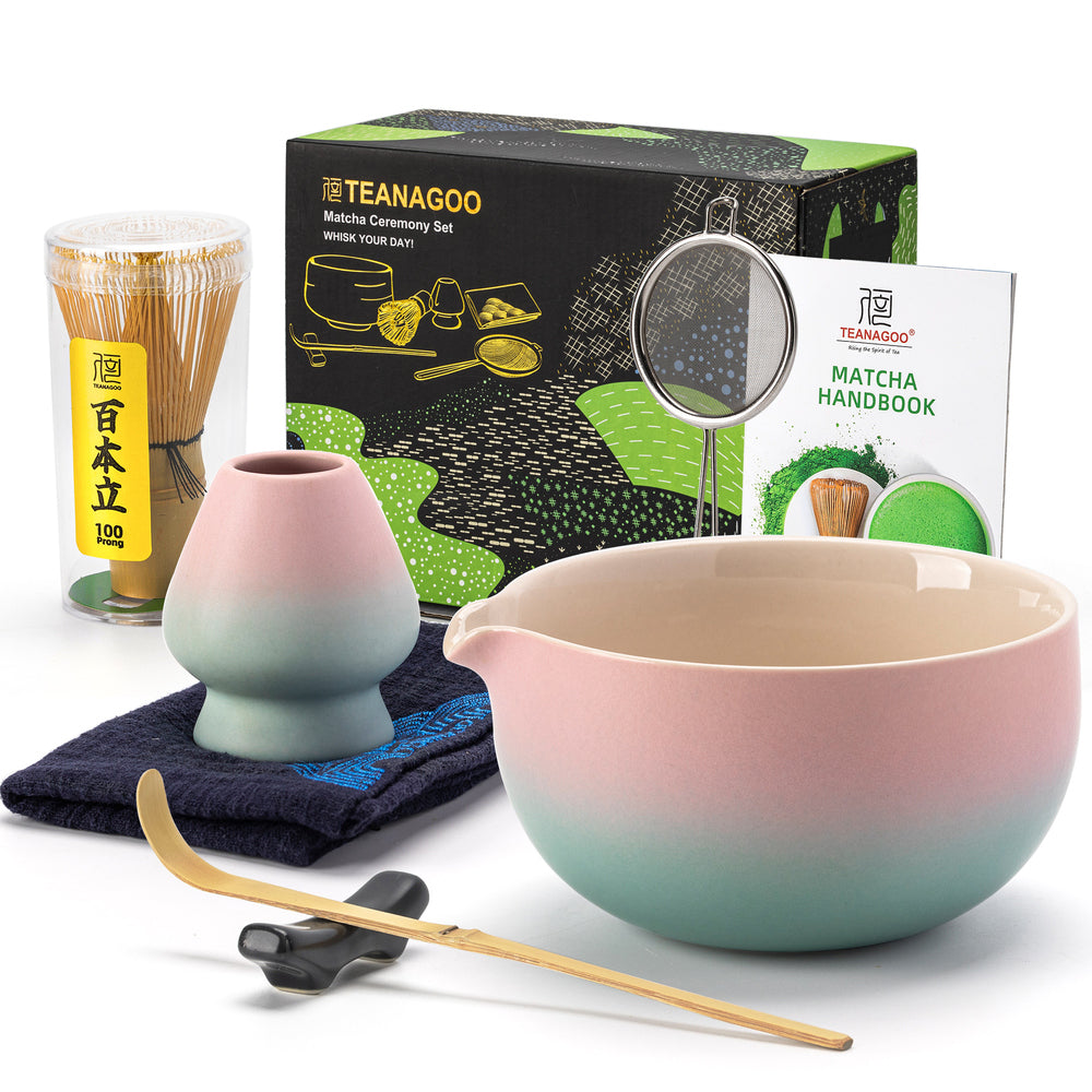 TEANAGOO Fouet à matcha, Kit matcha rose, Kit matcha dégradé rose, Ensemble fouet à matcha pour préparer le petit-déjeuner et des boissons lactées
