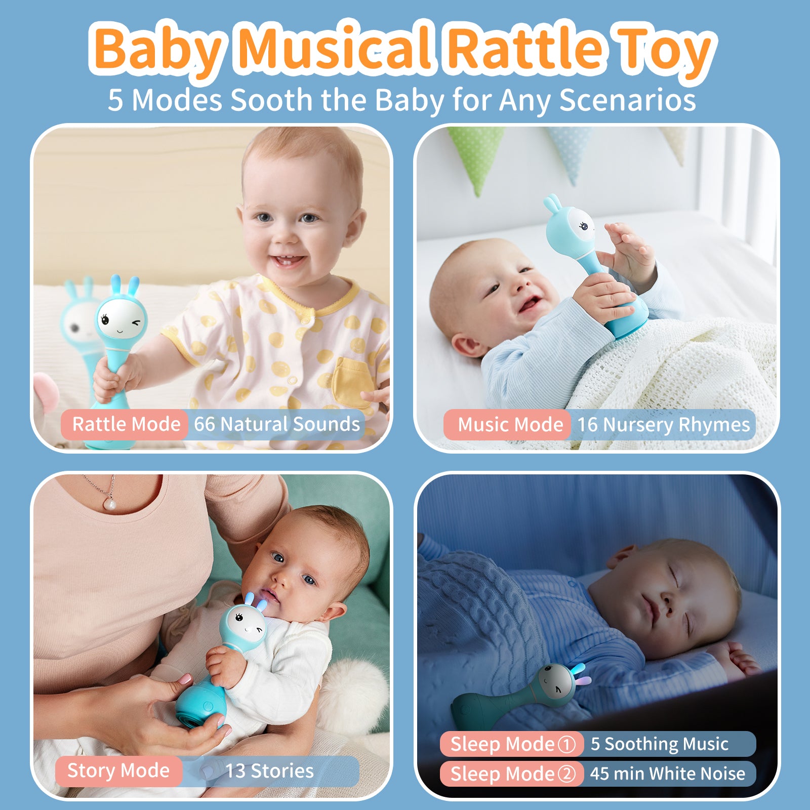 ALILO Hochet musical lumineux pour bébé 0+ mois avec 5 modes musicaux et fonction de reconnaissance des couleurs avec 9 cartes - Bleu