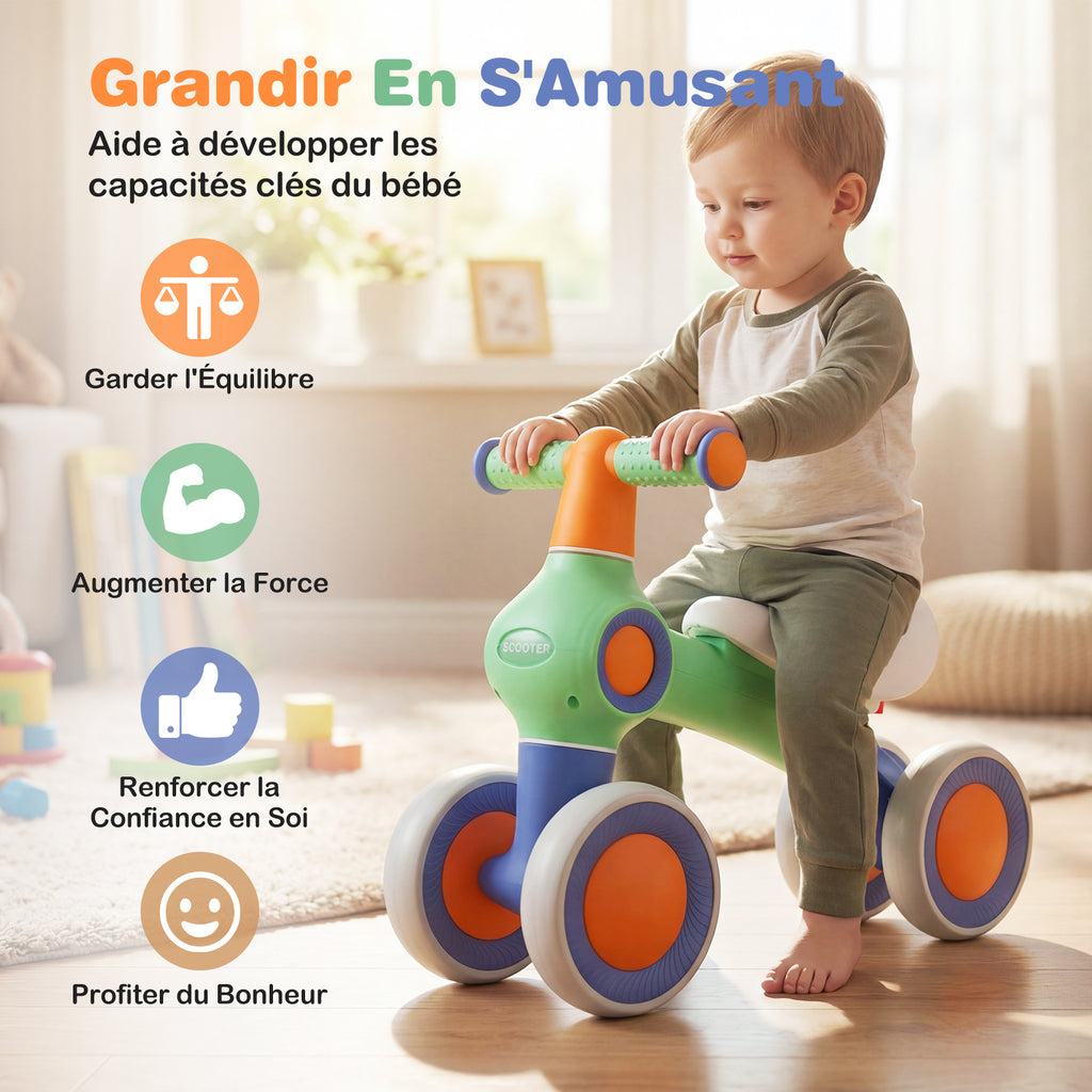 Draisienne pour bébé, siège rembourré réglable, 4 roues silencieuses, sans pédales, vert