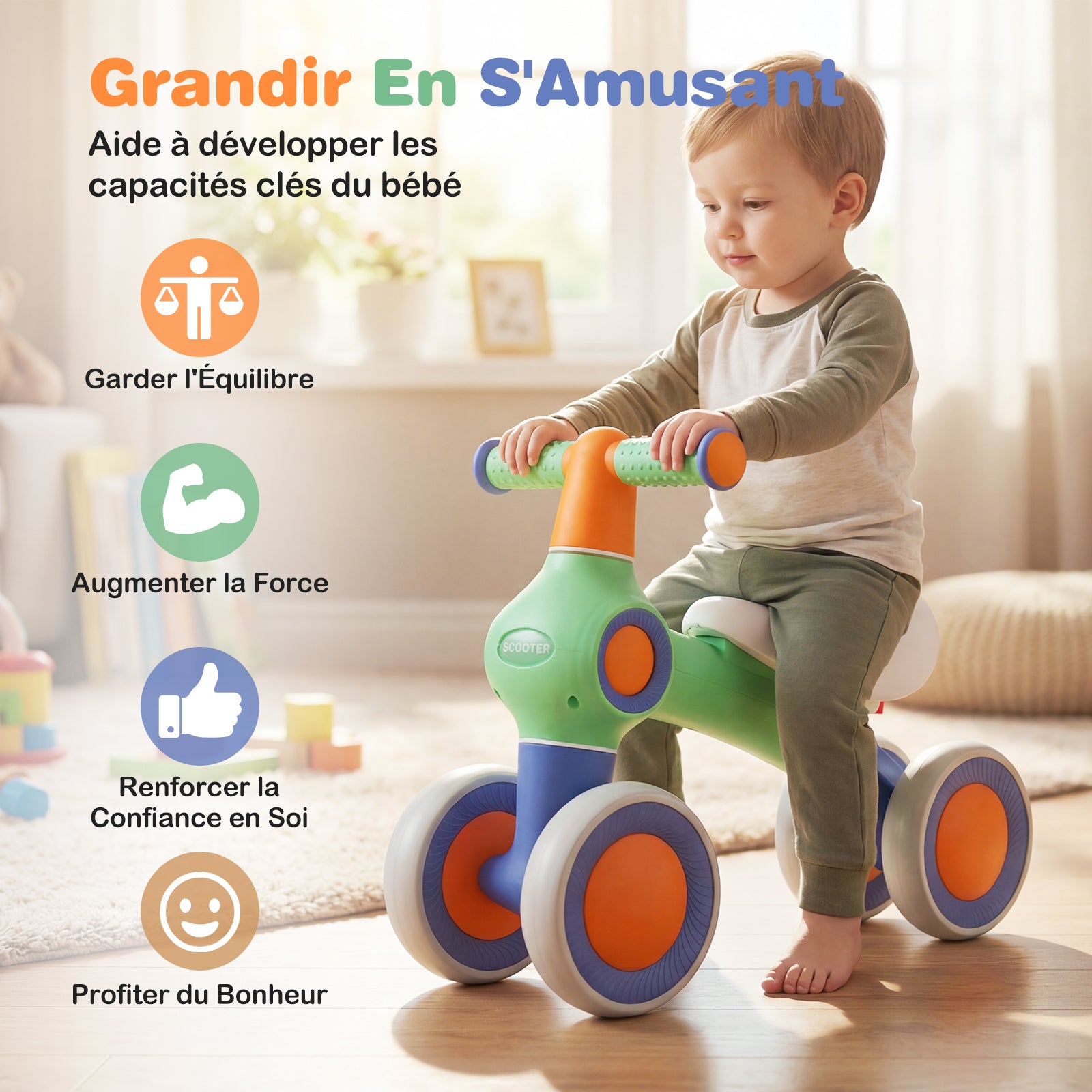 Draisienne pour bébé, siège rembourré réglable, 4 roues silencieuses, sans pédales, vert