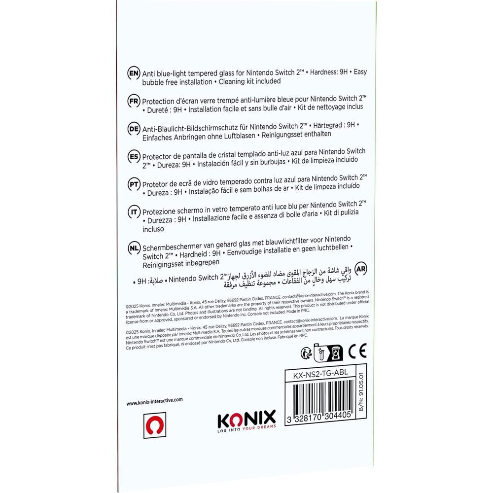 KONIX Protection d'écran en verre trempé pour Nintendo Switch 2 – Filtre anti-lumière bleue – Installation sans bulles – Dureté 9H – 100 % transparent