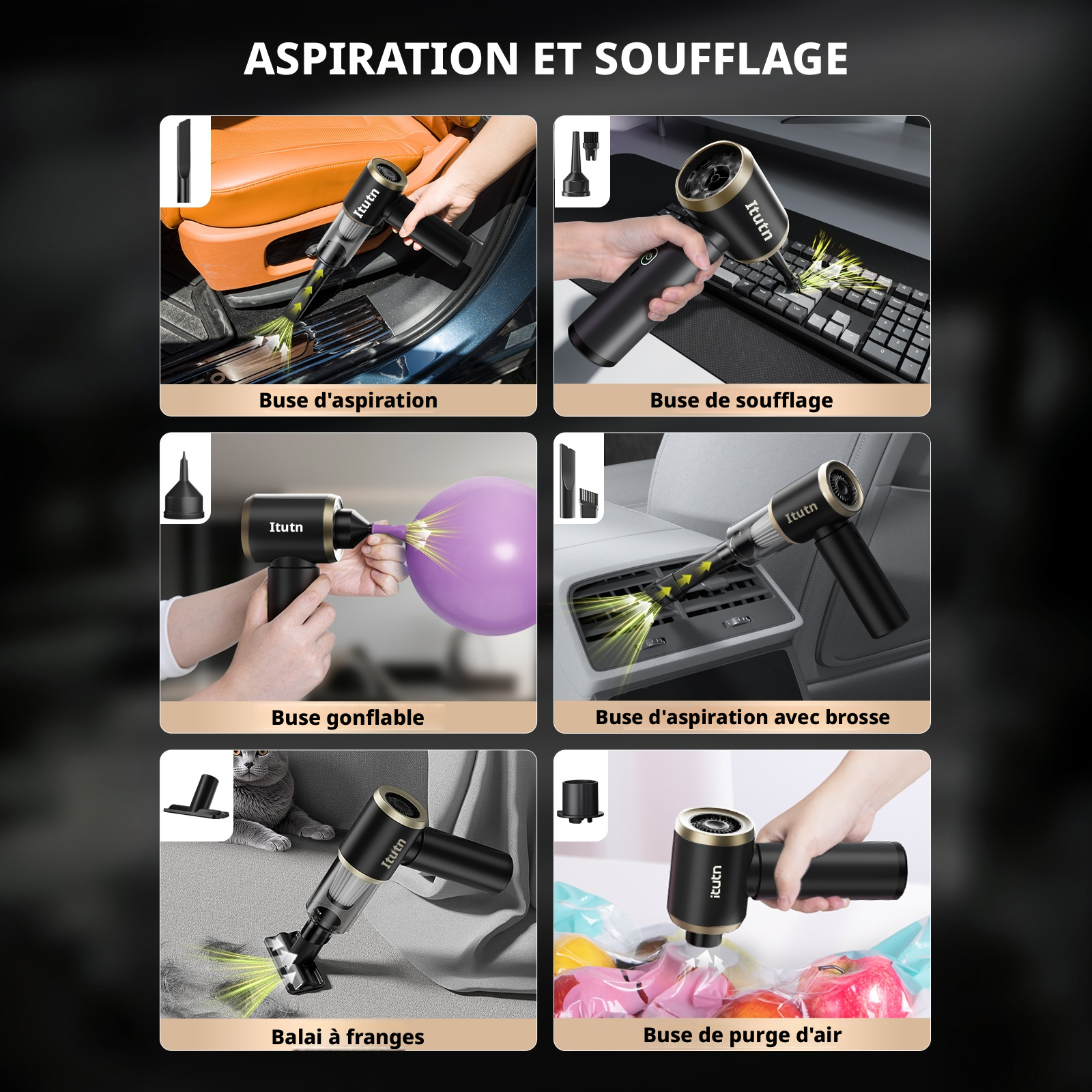 Aspirateur voiture sans fil portable Y8-Max avec éclairage LED | Puissance d'aspiration 18 000 PA | Mini aspirateur 5-en-1 & souffleur à air comprimé | Aspirateur à main pour maison