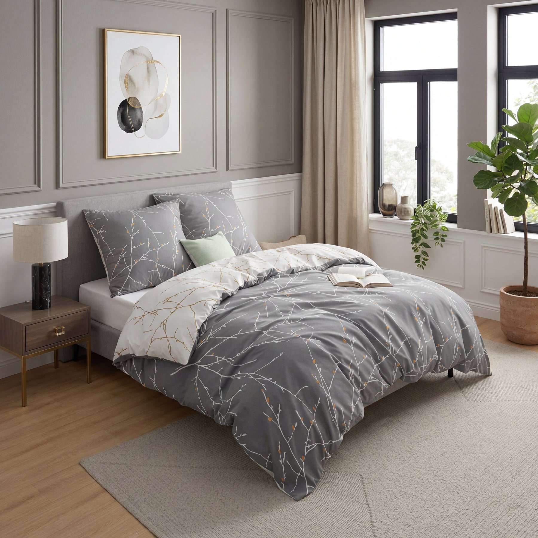 Linge de lit en microfibre super doux avec motif de branches 155x220cm, 90% polyester