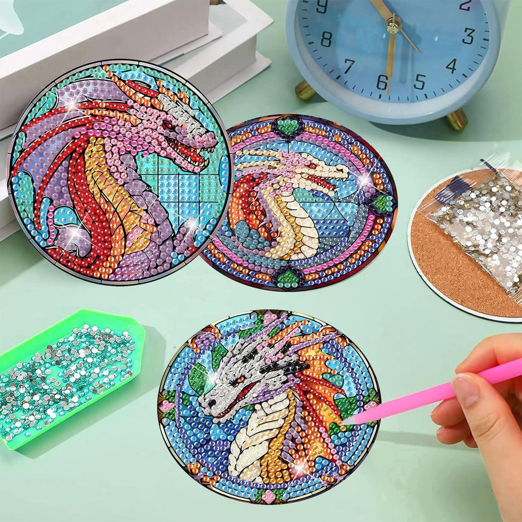Ju7cer Ensemble de 8 sous-verres de peinture diamant avec support - Dragon arbre de la vie DIY | Débutant adulte artisanat de perçage rond complet 4×4 pouces (10×10 cm)