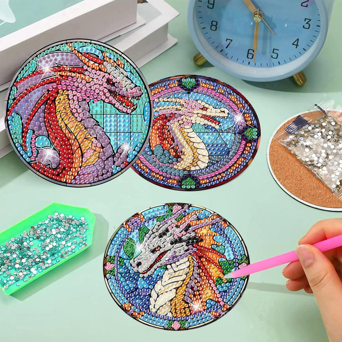Ju7cer Ensemble de 8 sous-verres de peinture diamant avec support - Dragon arbre de la vie DIY | Débutant adulte artisanat de perçage rond complet 4×4 pouces (10×10 cm)