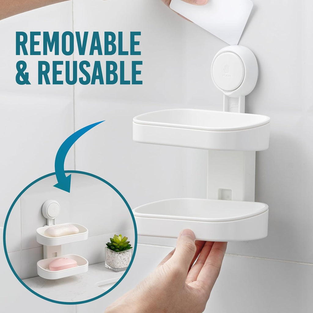 TAILI Porte-savon à ventouse double couche, support à éponge robuste pour douche, salle de bain, baignoire et évier de cuisine, sans perçage, amovible